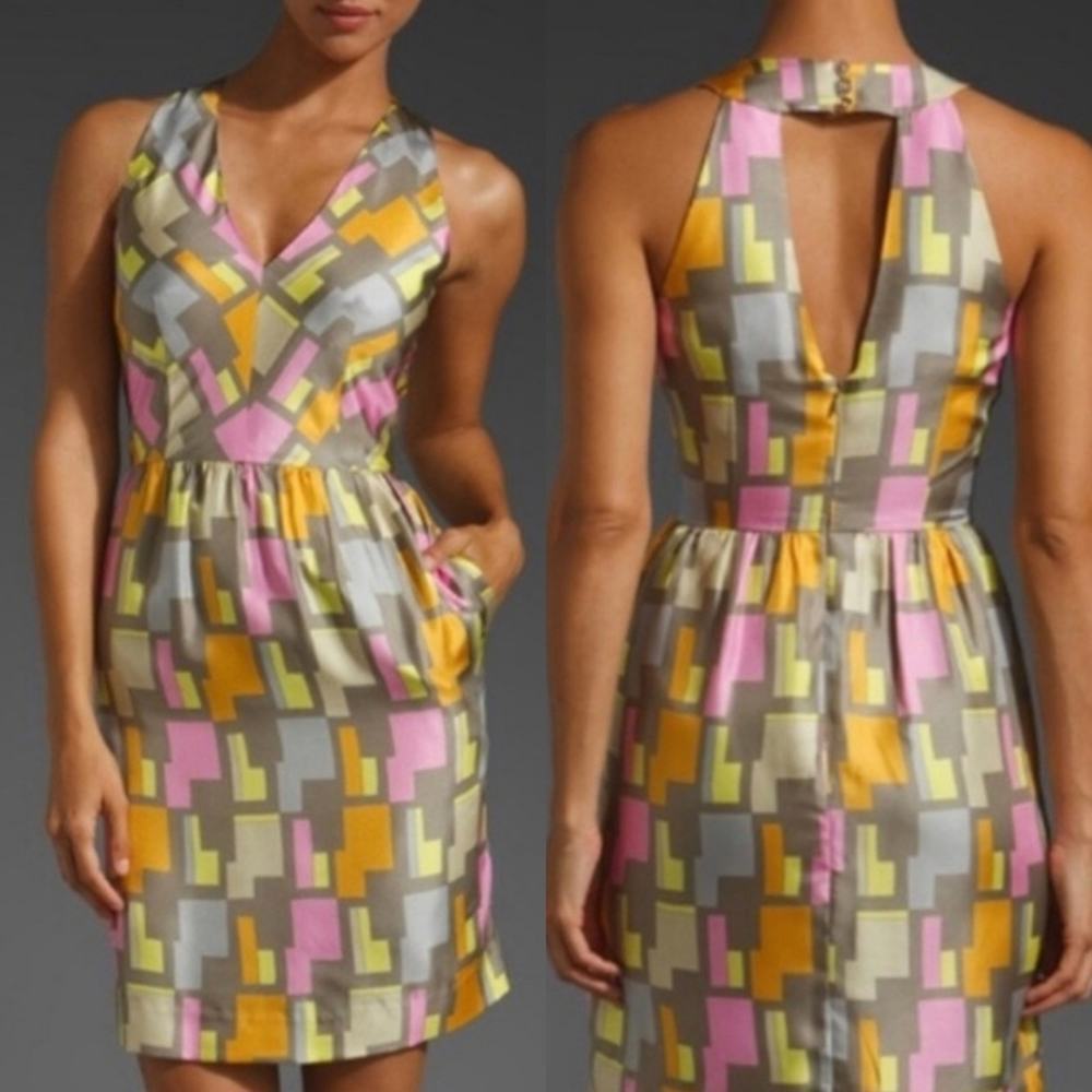 MILLY SILK COLORBLOCK PATCHWORK GRAY PINK DRESS SIZE 8